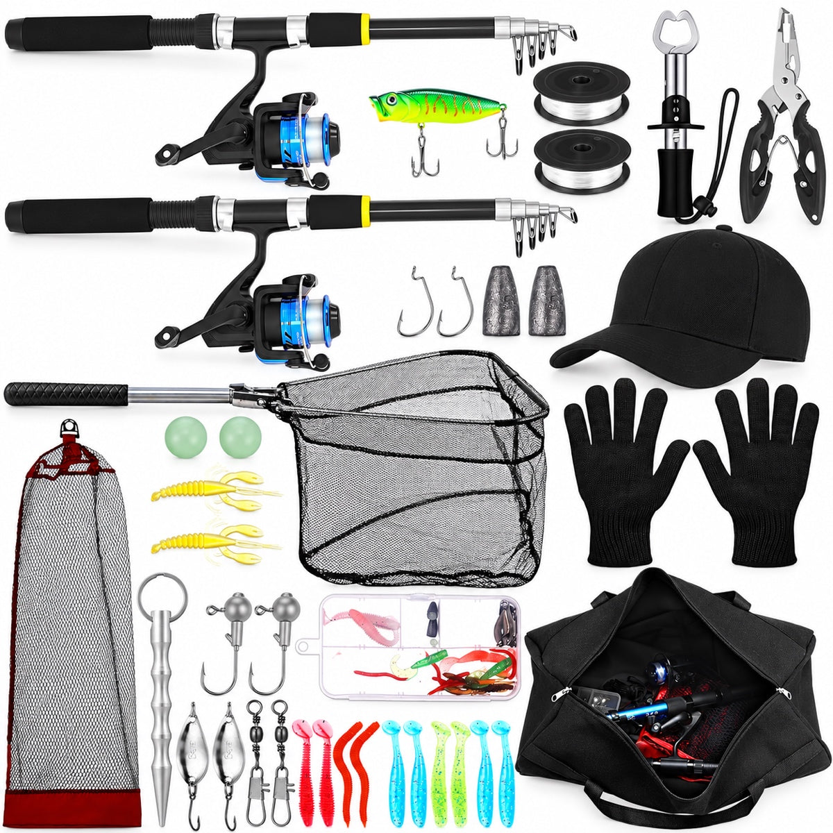 Telescopic Fishing Rod and Reel Combo 2 Pcs Collapsible Fishing Pole Kit with Plier Lip Gripper Lures Carrier Bag Pre-Loaded Spinning Reel f