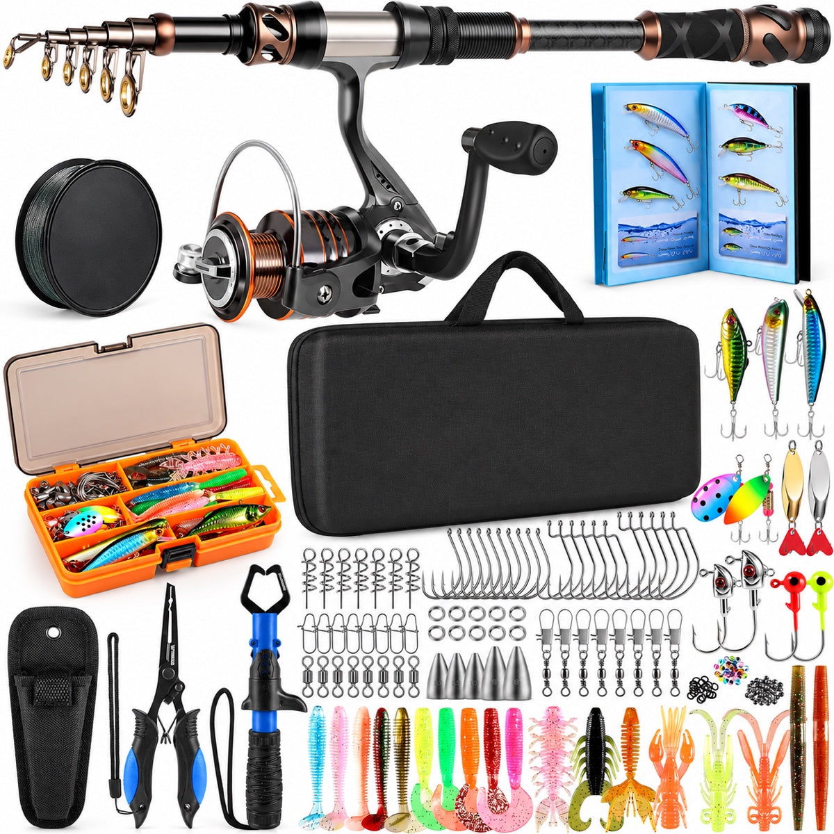Fishing Rod and Reel Combo with Telescopic Fishing Pole, Portable Travel Fishing Rods Kit with Tackle Box Carrier Bag & Manuals, Fishing Gea