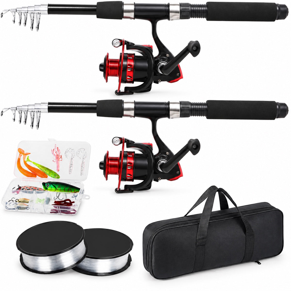 Fishing Rod, 6.9ft 2Pcs Telescopic Fishing Rods Set, Carbon Fiber Fishing Pole, 2PCS Spinning Rod and Reel Combo with Carrier Bag Freshwater