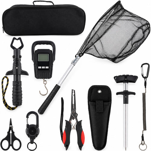 10 Pcs Fishing Tool Kit,Folding Fishing Net Set with Storang Bag,Pliers with Lanyard and Protective Sheaths,Hook Remover,Fish Gripper,Fish S