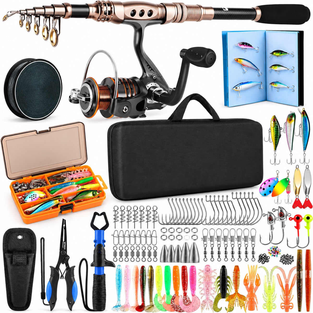 Fishing Rod and Reel Combo with Telescopic Fishing Pole, Portable Travel Fishing Rods Kit with Tackle Box Carrier Bag & Manuals, Fishing Gea