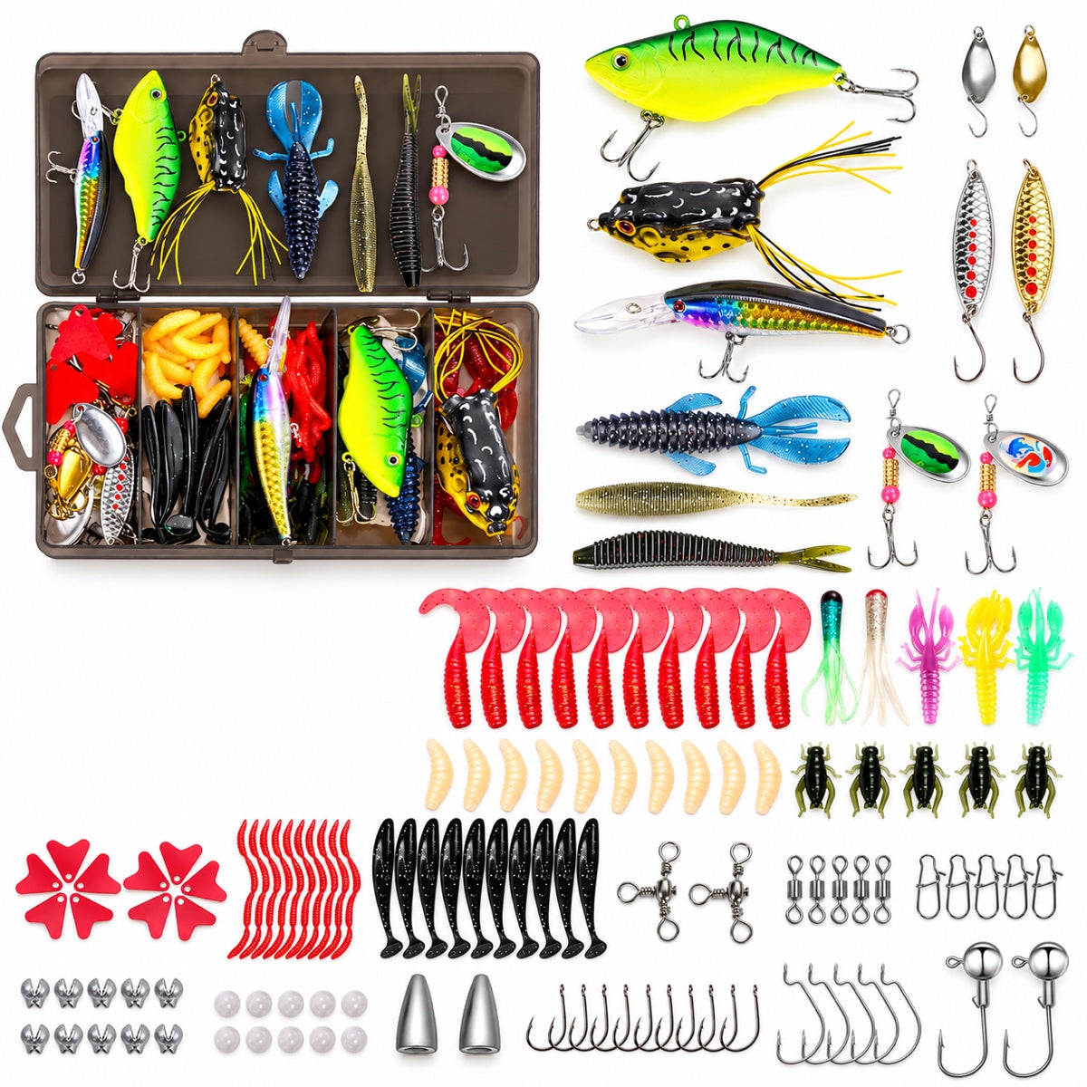 Fishing Lures - Tackle Box with Tackle Included, Fishing Kit with VIBs, Frogs, Minnows, Soft Baits, Hooks & Weights Accessories, Freshwater 